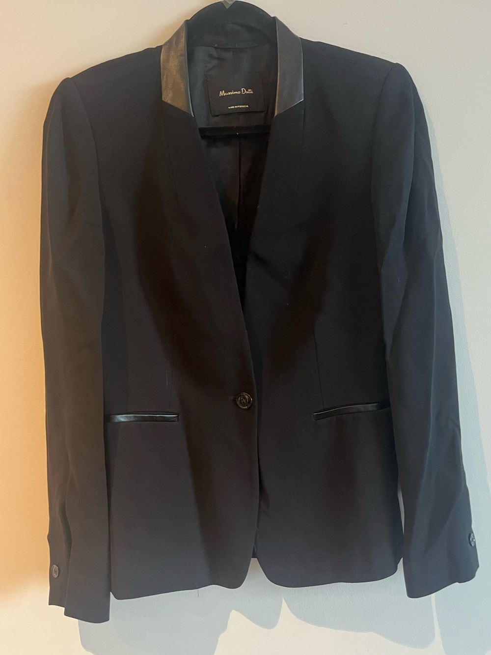Massimo Dutti Black Leather-Trim, Single Button Blazer